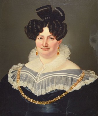 Unbekannter Künstler des frühen 19.Jh., Biedermeierporträt um 1820/30, Bildnis einer Dame mit opulenter demi-parure in Gold, breitem Spitzenkragen ...