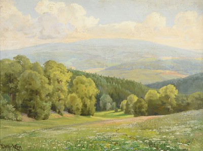 Walter Kopp, 1877 Leipzig - 1956, sächsische Sommerlandschaft, links unten signiert, Öl/Lwd, Rahmen mit Plakette "Herrn Dr. Hughes...Der ...