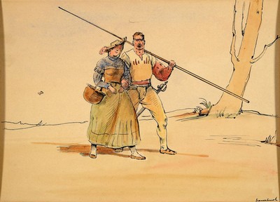 Hans Sauerbruch, 1910 Marburg-1996 Konstanz, Wer in den Krieg ziehen will, der soll gerüstet sein... Tusche und Aquarell auf Papier, gebräunt, ...