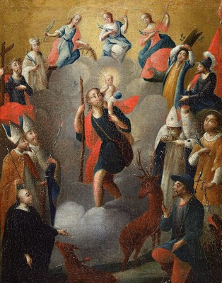 Heiligenbild, Unbekannter Künstler des 18.Jh. , Hl. Christophorus in einer Mandorla aus Partonatsheiligen u.a. die Heiligen Katharina, Leonhard, ...