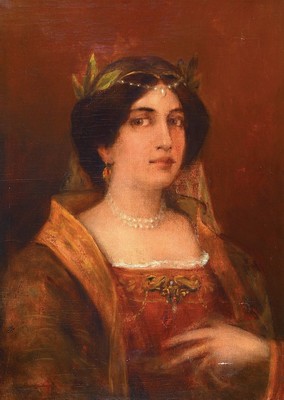 Unbekannter Künstler des 19.Jh., Münchener Schule, Damenbildnis im Duktus des Symbolismus, Öl/Lwd, stärker rest., R., 59x42 / 75x58 cm
