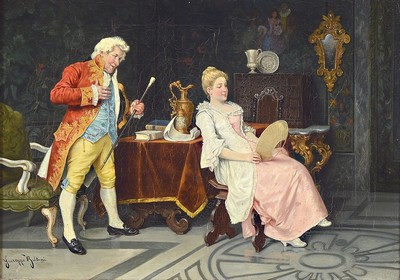 Giuseppe Baldini, 1807 - 1876 Livorno, Interieur mit adligem Paar, Charakterisierung des Raumes durch prunkvoll repräsentative Objekte wie ...