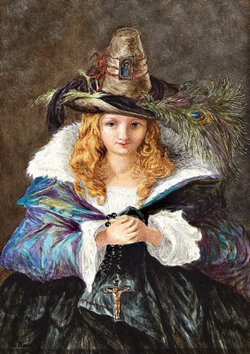 Jules Loebnitz (1836-1895) für Maison Pichenot, Paris, Emailmalerei auf Keramikplatte, signiert u. datiert L.Barat 1879, Hüftbild eines Mädchens ...
