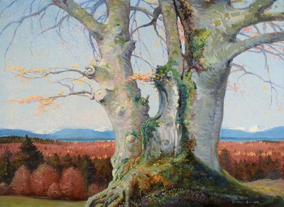 Gustav Ernst, 1858 Elsterberg - 1945 Bad Dürkheim, knorriger Baum vor Alpenpanorama, Anspielung auf Caspar David Friedrich, Zentralkomposition des ...