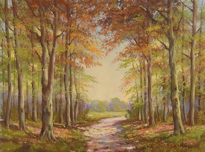 Robert Lauth, 1896 Ludwigshafen - 1985 ebenda , herbstliche Allee, bez. "Buchenwald Durchblick", rechts unten signiert, Öl/Lwd, R., ca. ...