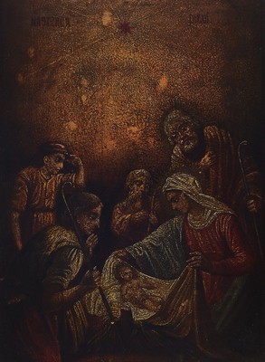 Ikone/Heiligenbild, wohl Bulgarien, Mitte 19. Jh., Heilige Familie, auf Holz, stärker verschmutzt mit Ruß, ca. 41 x 31 cm