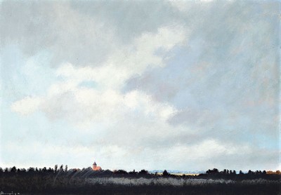 Arrigo Wittler, 1918 Heeven - 2004 Worpswede , Studium an der Akademie München, sonnenbeschienene norddeutsche Landschaft, gewagte Aufteilung des ...