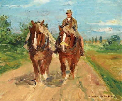Otto Dill, 1884 Neutadt - 1957 Bad Dürkheim,Herrenreiter mit zwei Kaltblütern in pfälzer Landschaft, um 1935/38, rechts unten signiert, ...