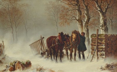 Carl Heinrich Hoffmann, 1818 - 1896, Pferdefuhrwerk mit Bursche im Winter, rechts unten signiert, Öl/Lwd, Alterssp., l. rest., 28x44 cm, Rahmen, ...