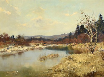 Josef Burger, 1887 München - 1966 ebenda, Schüler von Leo Putz, Landschaft im Dachauer Moos, betitelt, "Altwasser", akademische Manier, ...