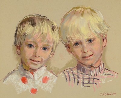 Heinz Friedrich, 1924 - 2018, Kinderporträt, Pastellzeichnung/Mischtechnik, Kinderpaar, signiert, dat. 84, 38 x 47 cm, unter Glas, Rahmen: 60 x 67 cm