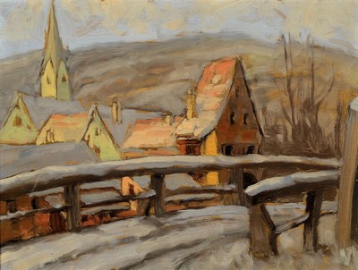 Carl Korbmann, 1894 Bad Dürkheim - 1958, pfälzer Dorf im Winter, im Hintergrund Haardtgebirge, Öl/Malkarton, re. u. signiert, 37 x 50 cm, Rahmen: ...