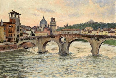 Ilmar Malin, 1924 Tartu - 1994 Tallinn, wohl italienische Flußlandschaft mit Brücke im Abendrot, wohl die Ponte Vietra in Verona, Öl/Holz, li. ...