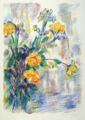 Manfred Henninger, 1894 - 1986, Lithografie, gelbe Blumen vor stil. Landschaft, signiert und dat. 1964, num. 86/ 120, Abb. ca- 62 x 43 cm, Rahmen ca. ...