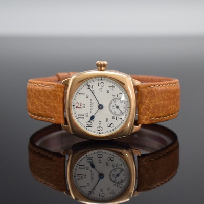 WALTHAM frühe Armbanduhr in RG 375/000, USA um 1929, Handaufzug, Boden & Glasrand aufgedr., Emailzifferbl. m. arab. Zahlen, gebl. Zeiger teils ...