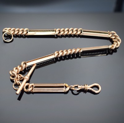 Taschenuhrkette in RG 585/000 mit Karabiner & Knebel, um 1900, ausgefallenes Design, L. ca. 32 cm, Gew. ca. 30g, dell., Zwischenteile z. T. nicht ...