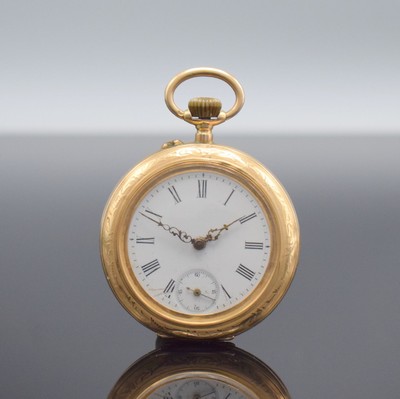 Offene Taschenuhr in RoseG 585/000, Schweiz um 1900, Metallcuvette, Gehäuse floral dekoriert, Emailzifferbl. m. röm. Zahlen besch., verg. Ankerwerk ...