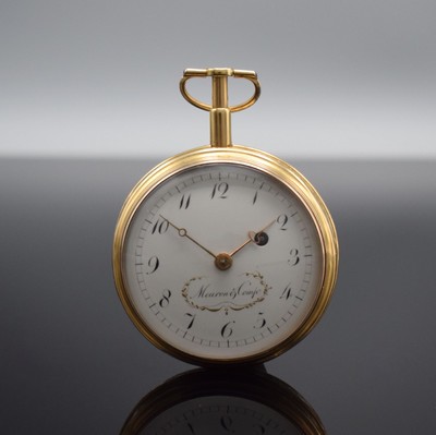 MEURON & Comp offene Spindeltaschenuhr in Roségold 750/000 mit 1/4-Stundenrepetition, Schweiz um 1800, 2-teil. Gehäuse, Ränder floral grav., ...