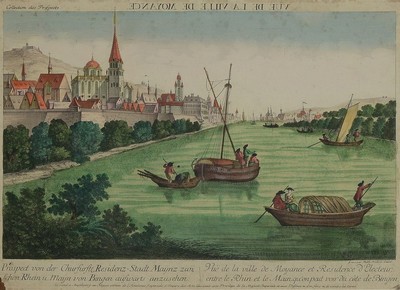 Balthasar Friedrich Leizelt um 1750/1800, Augsburger Kupferstecher, szenische Ansicht von Mainz über den Rhein nach Bingen, sog. Vue d'optique, ...