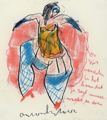 Anton Heyboer, 1924-2005, tanzende Frauenfigur, Wachsstift und Tempera auf Papier, signiert, ca. 40x36cm, PP, u.Gl., R. ca. 64x58cm