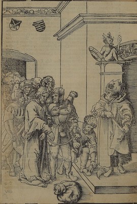 Lucas Cranach, 1472 Kronach - 1553 Weimar, Holzschnitt, Christus vor Kaiphas, aus Cranachs Passionsfolge (Wittenberg 1509), mit Erfassungslinie, ...
