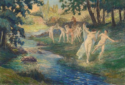 Henri Charrier, 1859-1950, Tanzende Akte an einem Bachlauf im Wald, im Hintergrund Pan, Flöte spielend auf einem Felsen sitzend, Öl/Lwd, links ...
