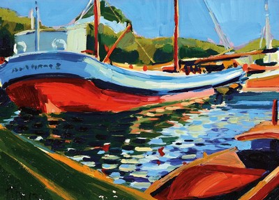 Unbekannter Künstler der 1. Hälfte des 20. Jh., Fischerboote im Hafen, Öl/Hartfaser, unsigniert, kleinere Farbabblätterungen, ca. 44x62cm, R. ca. ...