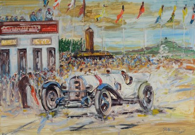 Paul Herrmann, 1864-1946, Beim Autorennen, wohl 1930er Jahre, Öl/Malkarton, gewölbt, rechts unten signiert, ca. 49x71cm, R. ca. 61x83cm