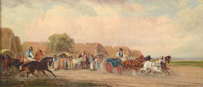 Ernö Lanyi, geb. 1858, ungarischer Maler, Pferd und Kutschen vor dem Dorf, Öl/Lwd, links unten signiert, ca. 12x26cm, R. ca. 19x33.5cm