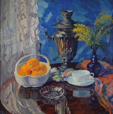 E. Reuter-Runke (o.ä.), 1920er Jahre, Stillleben mit Samowar, Tasse, Blumen und Orangen, Öl/Lwd, links unten signiert, ca. 70x70cm, R. ca. 88x88cm