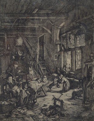 Adriaen van Ostade, 1610 Haarlem - 1685 ebenda, Radierung, häusliche Genreszene, Familientreiben in der Diele, im Stock links unten in der Platte ...