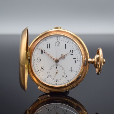 Große Herrensavonette mit 1/4-Stunden- Repetition & Schaltradchronograph in RG 585/000, Schweiz um 1900, glattes 3-Deckel Goldgeh. dell., Cuvette m. ...