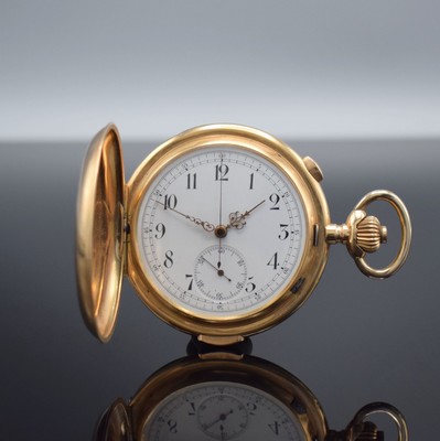Große Herrensavonette mit 1/4-Std.-Repetition & Schaltradchronograph in RG 585/000, Schweiz um 1900, glattes 3-Deckel Goldgeh. dell., Cuvette m. ...