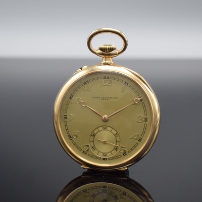 FRITZ MAURMANN offene Schultaschenuhr in GG 585/000, Deutschland um 1932, glattes Geh., Goldcuvette, verg. Metallzifferbl. m. aufgel. Breguet-Zahlen, ...