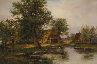 Heinrich Steen, Niederländischer Traditionalist um 1900, großformatige Dorfansicht, Magd als Staffagefigur an Baum bestandenem Teich, Öl/Lwd, ...