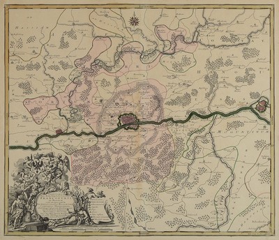 4 Kupferstichkarten Frankfurts und des Oberrheins, 18.Jh., Georg Matthäus Seutter: Francofurti ad Moenum; Handelstatt Franckfurt am Mayn mit ihrem ...