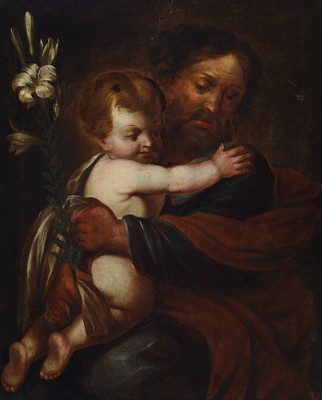 Unbekannter Künstler, 18.Jh., Joseph mit Jesuskind, zwingende Attribution mit weißer Lilie als mögliche Umbildung des blühenden Stabes, ...