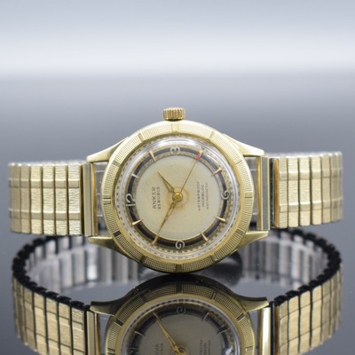 ANKER Armbanduhr in GG 585/000, Handaufzug, Deutschland um 1960, Boden verschr., Zifferbl. altersbed. fl./pat. "Tropical", Anz. v. ...