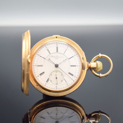 MATILE DUCOMMUN schwere und hochwertige Savonette Herrentaschenuhr mit Chronograph in RG 750/000 Nr. 10600, Schweiz/USA um 1870, massives, guill. ...