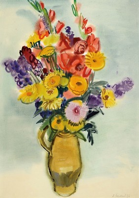 Heinz Friedrich, 1924-2018 Schwetzingen, Doppel-Aquarell auf Papier, Blumenstrauß in irdenem Krug, signiert und dat. 82, Rückseite Blick auf ein ...