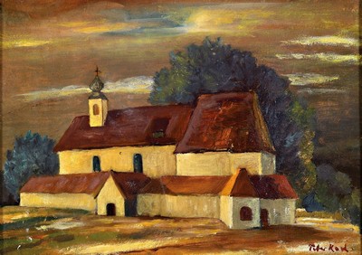Peter Koch, 1874 Deidesheim-1956 Gimmeldingen, Kapelle auf dem Feld, Öl/ Malkarton, rechts unten signiert, ca. 25x35cm, R. ca. 33x43cm