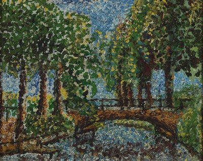 Heinz Reiss, 1923-2012 Haßloch, Am Rehbach, Öl/Malkarton, pointillistische Malweise, rückseitig betitelt und bezeichnet, ca. 25x30cm, R. ca. ...