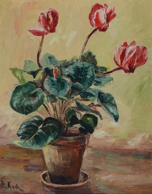 Peter Koch, 1874 Deidesheim-1956 Gimmeldingen, Alpenveilchen, Öl/Malkarton, links unten signiert, ca. 45x35cm, R. ca. 58x48cm