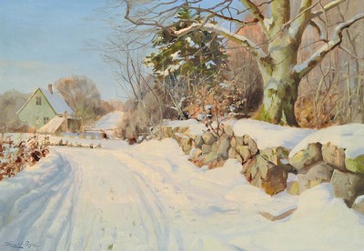 Harald Julius Niels Pryn, 1891 Frederiksberg- 1968 Bagsvaerd, dänischer Landschaftsmaler, hier: verschneite Winterlandschaft, im Hintergrund ...