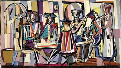 Rolf Müller-Landau, 1903 Kayingchow-1956 Bad Bergzabern, Ritterliches Festmahl, Gouache auf Papier, monogr., ca. 53x92cm, PP, R. ca. 86x126cm