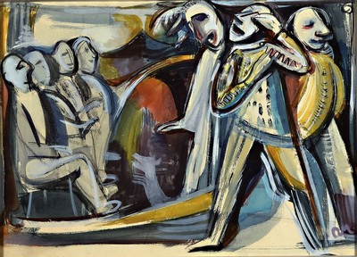Rolf Müller-Landau, 1903 Kayingchow-1956 Bad Bergzabern, Im Theater, Gouache auf Papier, monogr., ca. 45x63cm, u.Gl., R. ca. 55x73cm