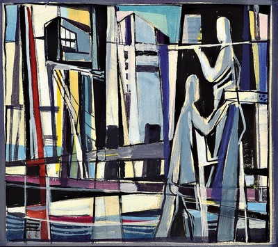 Rolf Müller-Landau, 1903 Kayingchow-1956 Bad Bergzabern, Bauarbeiter auf einem Gerüst, Gouache auf Papier, monogr., ca. 25x28cm, PP, u.Gl., R. ca. ...