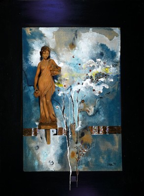Werner Balthasar Griemann, geb. 1942 Wallern/Österreich, "Die Anmut", Assemblage aus Holzskulptur auf Malkarton auf Spanplatte,sog. ...