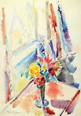 Alfredo Beltrame, 1901-1996, Blumen am Fenster, Aquarell auf Papier, links unten signiert und dat. 1985, ca. 68x49 cm, PP, u.Gl., R. ca. 90x70cm