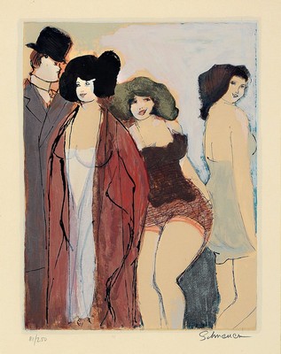 David Schneuer, 1905-1988, 3 Farblitho- grafien, alle handsigniert und num. aus 250er und 300er Auflage, je ca. 29x24cm, PP, u.Gl., R. ca. 55x45cm